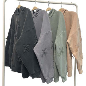 เสื้อฮู้ดผู้หญิงทรงโอเวอร์ไซส์ ลายปักแบบครอส ลวดลายซีดจางแบบโดนแดด ผ้าฟลีซเฟรนช์เทอร์รี่ฟอกสี - Product Image 2