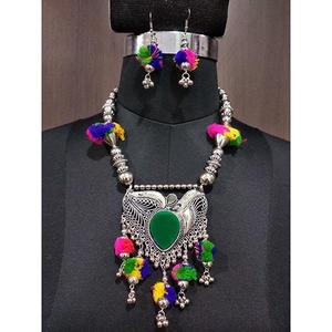 Jeweljunk Multicolore Fil Navratri Collier Ensemble Plaqué Or Fin pour Cadeau de Fête avec Perle Diamant Stone-1112827A - Product Image 1