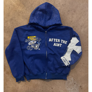 Sudadera con capucha personalizada con diamantes de imitación, Sudadera con capucha lavada con ácido, parche bordado para hombre, ropa de calle francesa, sudaderas con cremallera desgastada Vintage - Product Image 6