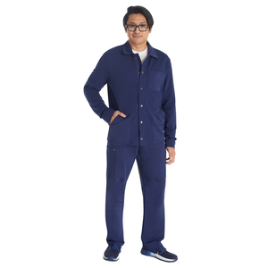 Chaqueta de marca personalizada con cremallera frontal para hombre, cuello tejido, botones con logotipo, broches, tapeta cubierta con cinta de sarga, uniformes largos de hospital - Product Image 4