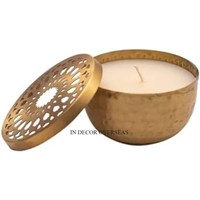 Pot de bougie de forme ronde en verre transparent de haute qualité avec couvercle supérieur en métal design papillons plaqué or d'Inde