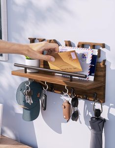 Porte-clés pour mur avec décoration de la maison Organisateur de courrier en bois avec crochets à double clé et porte-courrier Design Porte-clés mural - Product Image 4