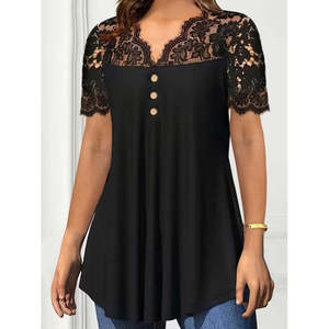 Women'<b>s</b> Short-Sleeved V-Neck Lace Buttoned Viscose <b>Blouse</b>, 35794 - Black - Product Image 3