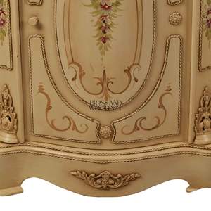 Meuble à chaussures de luxe de style français en crème avec dessus en marbre orné, art floral peint à la main et accents dorés pour entrée de palais - Product Image 3