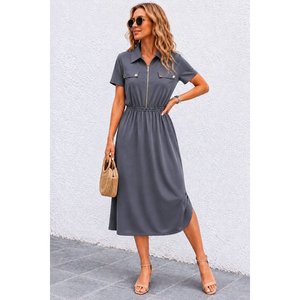 Women's Short-Sleeved Collared Zippered Long <b>Viscose</b> Two-Thread <b>Dress</b> with Decorative Pocket Details, 35356 - Gray - Product Image 2