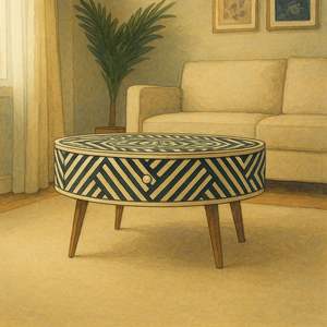 Table basse à tiroirs en os incrusté, meuble en bois artisanal au design esthétique sophistiqué - Product Image 1