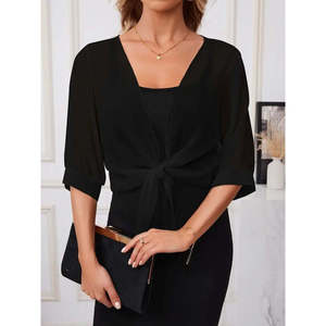 Veste boléro courte en mousseline de soie Truvakar pour femme, avec lien sur le devant, 25354 - Noir - Product Image 1