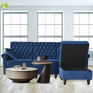 Furnitur Ruang Tamu Berkualitas Tinggi Sofa Moduler Beludru Biru Klasik Baru 3 Tempat Duduk dan Ottoman dengan Grosir Penyimpanan dari Amerika Serikat