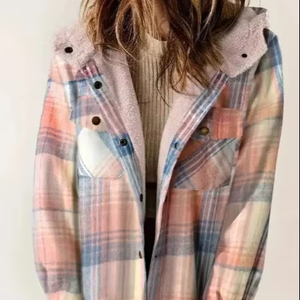 Manteaux polaires à carreaux pour femmes vestes polaires à capuche chaudes d'hiver tout match manteau décontracté veste de style moto - Product Image 1