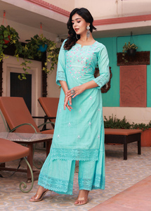 Kurti สําหรับผู้หญิงและเด็กผู้หญิงที่สวยงามนักออกแบบชุดลําลองผู้หญิงสีเขียวทะเลเย็บปักถักร้อย Anarkali Kurta - Product Image 5