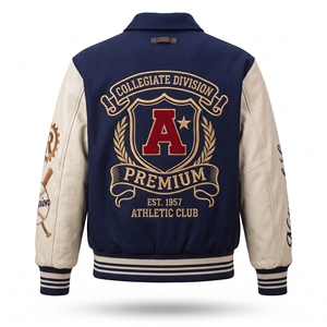Veste universitaire brodée de qualité supérieure pour homme, bleu marine et beige, style baseball, avec design de manches de la Ligue nationale - Product Image 4