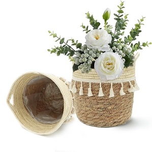 Couverture de pot de plante tissée à la main en herbe de mer naturelle avec doublure en plastique étanche pour décoration de maison de balcon de jardin extérieur intérieur - Product Image 1