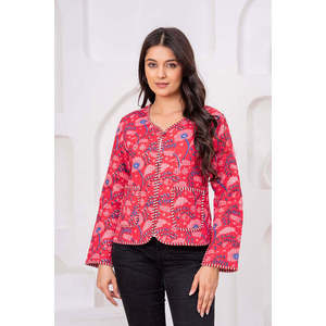 Handmade Red Cotton Quilted Floral <b>Jacket</b> Reversible Design Animal Solid Customizable Hooded Patchwork <b>Short</b> Bomber for Autumn - Product Image 2