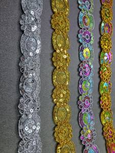 ผ้าโพลีเอสเตอร์/คอตตอนเนื้อนุ่ม แต่งเลื่อมตาข่ายเมทัลลิก ปักลายด้วยคริสตัล ลูกไม้สัมผัสนุ่ม สำหรับชุดเจ้าสาว ตกแต่งเลเฮนกา ส่งออกจำนวนมาก - Product Image 3