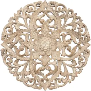 Artisan Handmade Wood Relief Panel Whitewashed Floral Natural Indonesia Wall Traditional Carvings Padma Mandala