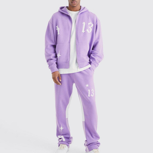 Ensemble de survêtement à capuche violet pour homme WAGSAM SPORTS, fermeture éclair intégrale, jogging décontracté, imprimé étoile numéro 13, cordon de serrage régulier, polaire sur les côtés - Product Image 1