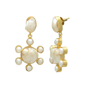 Handmade Vintage Christian Wedding Bridal Brass Hanging Round Shape Stud Statement <b>Earring</b> 24K Gold Plated <b>Nickel</b> <b>Free</b> Pearl - Product Image 2