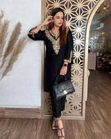 Travail manuel noir Eid Festival porter velours costume pakistanais lourd ethnique cousu Salwar Kameez et Georgette matériel