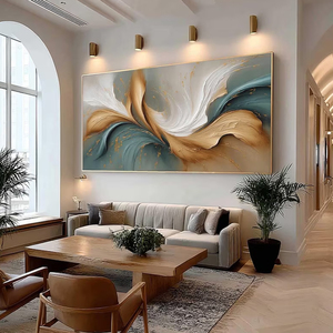Teal Gold Flow <b>Abstract</b> Painting Large Size Modern Wholesale Still Life Hand Painted Artwork <b>Canvas</b> Wood Interior Wall - Product Image 2