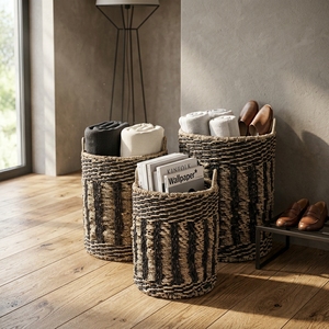 Natural Seagrass Recycled <b>Plastic</b> <b>Basket</b> Set Vertical Rib Stripe Arch Handle Cylinder Pot Planter Pure Art Setup Room Decor Art - Product Image 5