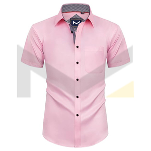 เสื้อเชิ้ตป๊อปลินแขนสั้นสีชมพูสำหรับผู้ชาย สีพื้น ปกเสื้อแบบสมาร์ทแคชชวล โลโก้ด้านหน้า - Product Image 1