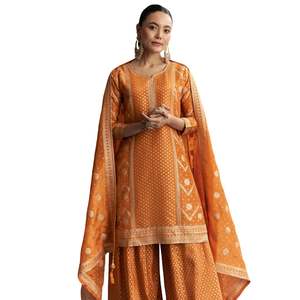 Traje de Palazzo jacquard naranja con tejido jacquard banarasi, venta al por mayor, Ropa Étnica para mujer, proveedor de fábrica de ropa OEM, moda - Product Image 4