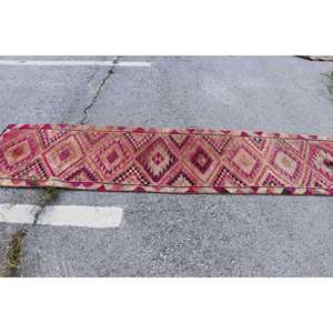 Turkish Vintage Rug, 2.6x10 ft <b>Runner</b> Rug, <b>Red</b> Pink Check Rug - Product Image 3
