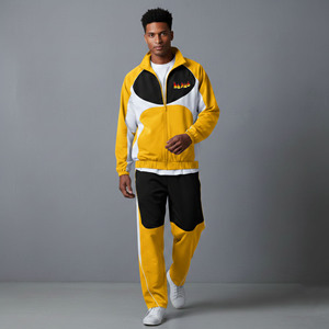 Ensemble de survêtement coupe-vent à capuche pour homme, jaune, noir et blanc, fermeture éclair intégrale, style sportif vintage, coupe régulière, poches latérales, hiver - Product Image 1