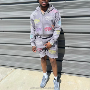Ensemble de survêtement streetwear deux pièces pour homme, effet délavé, avec logo brodé personnalisé, sweats à capuche zippés 500 g/m² 100 % coton, coupe oversize doublée - Product Image 5