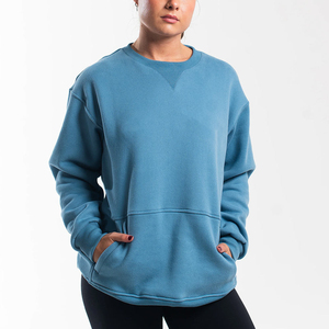 Sudaderas de punto de cuello redondo azul transpirable para mujeres de talla grande invierno manga larga polar 100% algodón OEM sudaderas con capucha logotipo frontal - Product Image 6