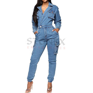 2023 nueva moda personalizada al por mayor lavable cuello en V mujeres Denim Romper trajes Denim monos con bolsillos - Product Image 1
