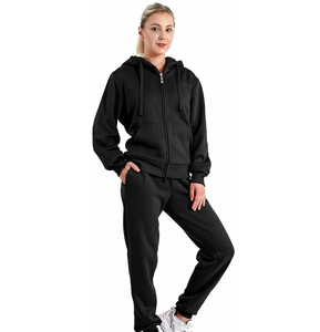 Ensemble de survêtement respirant personnalisé de couleur unie pour femmes, pantalon de survêtement long et sweat à capuche, ensemble de jogging 2 pièces - Product Image 3