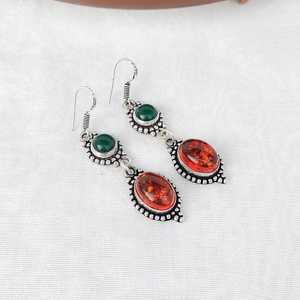 Amber & Green Onyx <b>Dangle</b> <b>Earrings</b> 925 <b>Silver</b> Plated Boho Jewelry Handmade Drop <b>Earrings</b> Gift for Her Christmas Sale Gemstone - Product Image 6