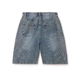 Pantalones cortos de verano OEM para mujer 100% algodón de alta calidad pantalones cortos con diamantes de imitación lavado ácido - Product Image 2