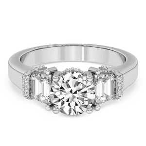 Anillo de compromiso de diamante de moissanita de corte esmeralda de tres piedras clásicas Astilla de moda con acentos de pavé de piedra central brillante - Product Image 1