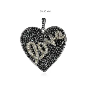 Schwarzer Spinell Edelstein Handgemachter Herz Anhänger Pflaster Diamant Liebes herz 925 Silber Unisex Schmuck Oxidierte Anhänger Halskette