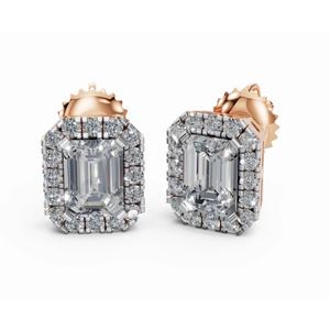 Essence Of <b>Emerald</b> And Halo Diamond <b>Studs</b> <b>Earrings</b> 9 KT 14 KT 18 KT Gold Lab Grown Jewelry Wholesale OEM B2B Export Supplier - Product Image 4