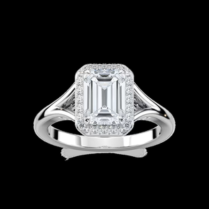 Anillo de compromiso con diamante cultivado en laboratorio, corte esmeralda, 2.10 ctw, certificado IGI, oro macizo de 14k, halo con vástago dividido - Product Image 1