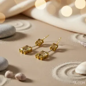 Boucles d'oreilles pendantes en citrine plaquées or glamour - Pierre rectangulaire, bijoux à pendentif, cadeau idéal pour elle, fabriquées en alliage Allure - Product Image 1