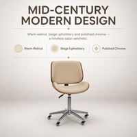 Tabouret de Barbier en Noyer Beige Style Mid-Century Moderne, Hauteur Réglable, avec Roulettes Chromées pour Salon de Coiffure