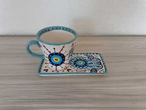 DOUBLE HAND-PAINTED HANDMADE CLASSIC CERAMIC TURKISH HOME COFFEE MUG SET TRAY FRUIT PATTERN PARTY DISHWASHER SAFE DAFNI <b>BIG</b> - Product Image 3