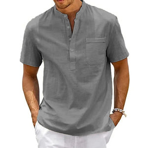 Cotton Linen Shirt <b>Men</b> <b>Henley</b> Neck Pocket Casual Beach Short Sleeve Solid Color Male <b>Tops</b> T-shirts Vintage Streetwear - Product Image 2