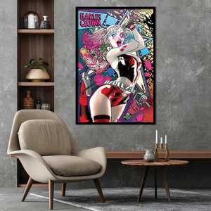 Affiche de bande dessinée Batman, design néon Harley Quinn, art mural sur toile de style moderne avec cadre noir - Product Image 1