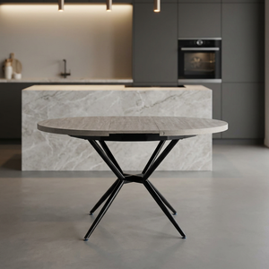 Modern Round to Oval Extendable Dining <b>Table</b> with X-Shaped Metal <b>Legs</b> - Stone Texture Wooden Top Kitchen <b>Table</b> - Space Saving - Product Image 2