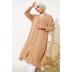 Cárdigan largo informal Aerobin para otoño Patrón sólido e impreso Material acrílico de talla grande con botones en la parte delantera Color galleta - Product Image 2