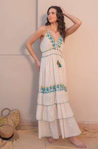 Lujoso algodón mujeres azul Floral bordado lentejuelas doradas hecho a mano Boho Chic verano declaración juguetón estilo Maxi vestido - Product Image 6