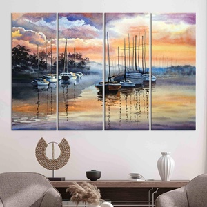 Printed Canvas: Abstract Seascape - Sunset Sailboats Coastal Decor,SET OF 4 CANVAS - Product Image 1