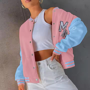 OEM Custom Quality Women Letter Embroidery Drop Shoulder College Bomber Jacket Coats <b>Pink</b> Varsity Jackets - Product Image 3