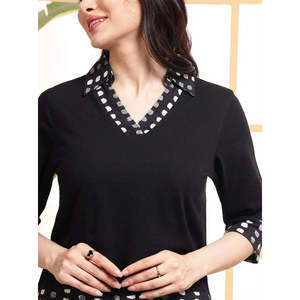 Deebaco Women's Black Cotton Co-Ord Set Polka Dot Panel V Neck <b>Top</b> With Wide Leg Pants Casual Spring Summer Outfits - Product Image 2