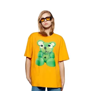 Camiseta feminina 100% algodão estampada com estampa de urso verde, camiseta personalizada de cor sólida e qualidade superior, roupas personalizadas 2024